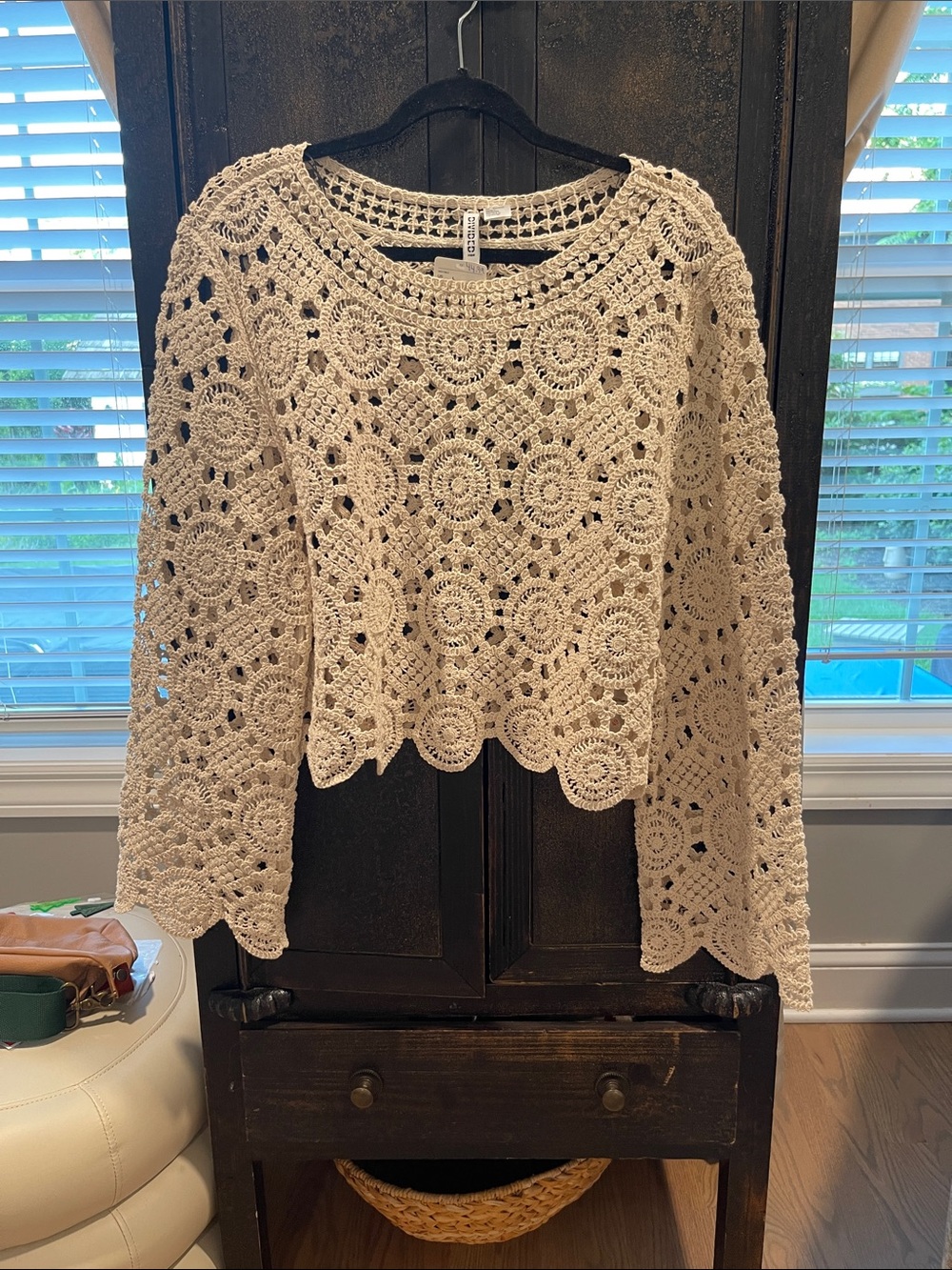 Divided Crochet Lace Long-Sleeve Top in Cream